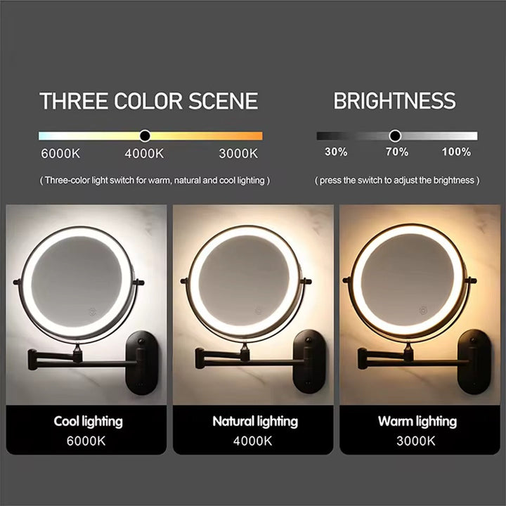 Rechargeable makeup mirror with 3 colour touch light settings in use