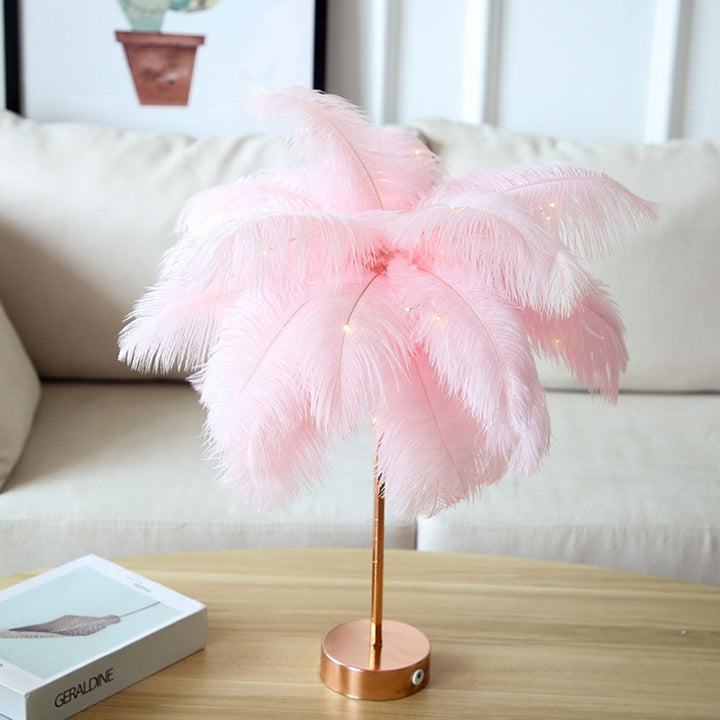Modern accent lamp with plush feathers designed for relaxing bedroom atmospheres