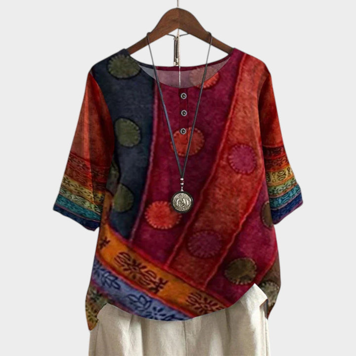 Womens boho floral short sleeve blouse in retro style for casual wear