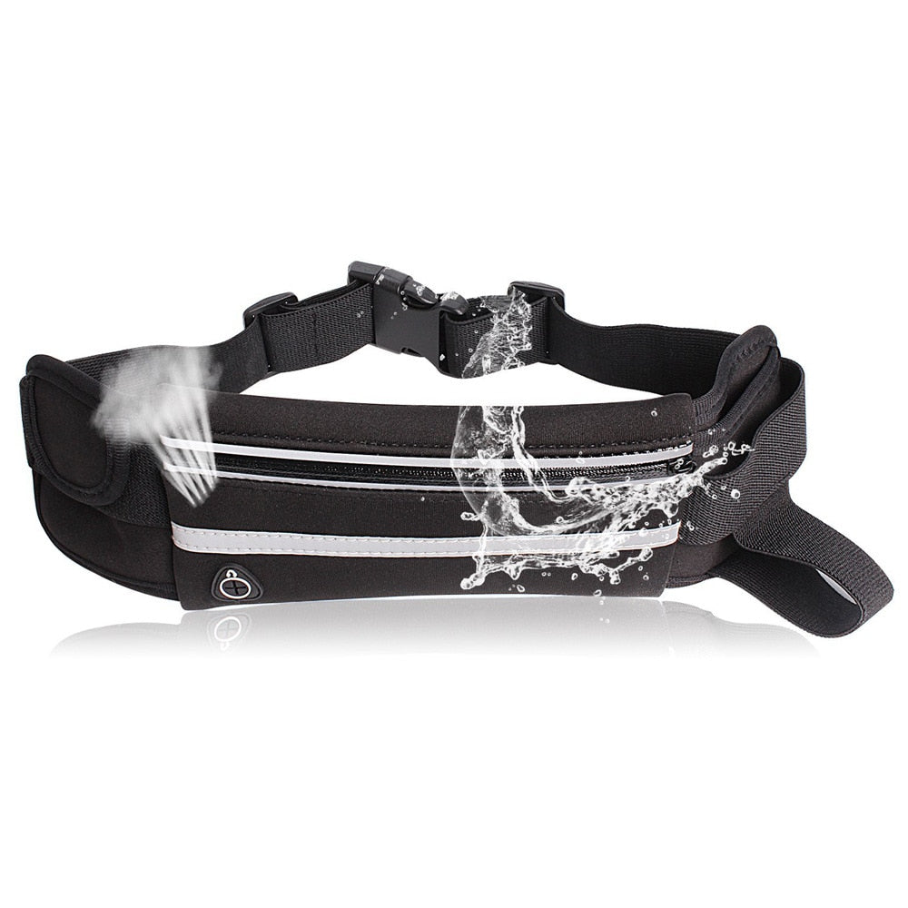 Black running belt showing water resistance and reflective strip