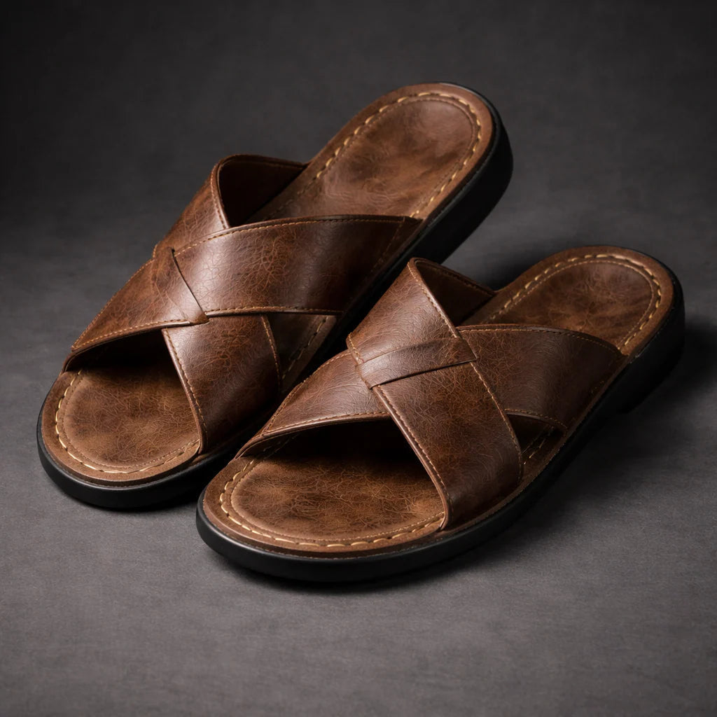 Pair of brown men's criss-cross strap slip-on sandals on a dark surface