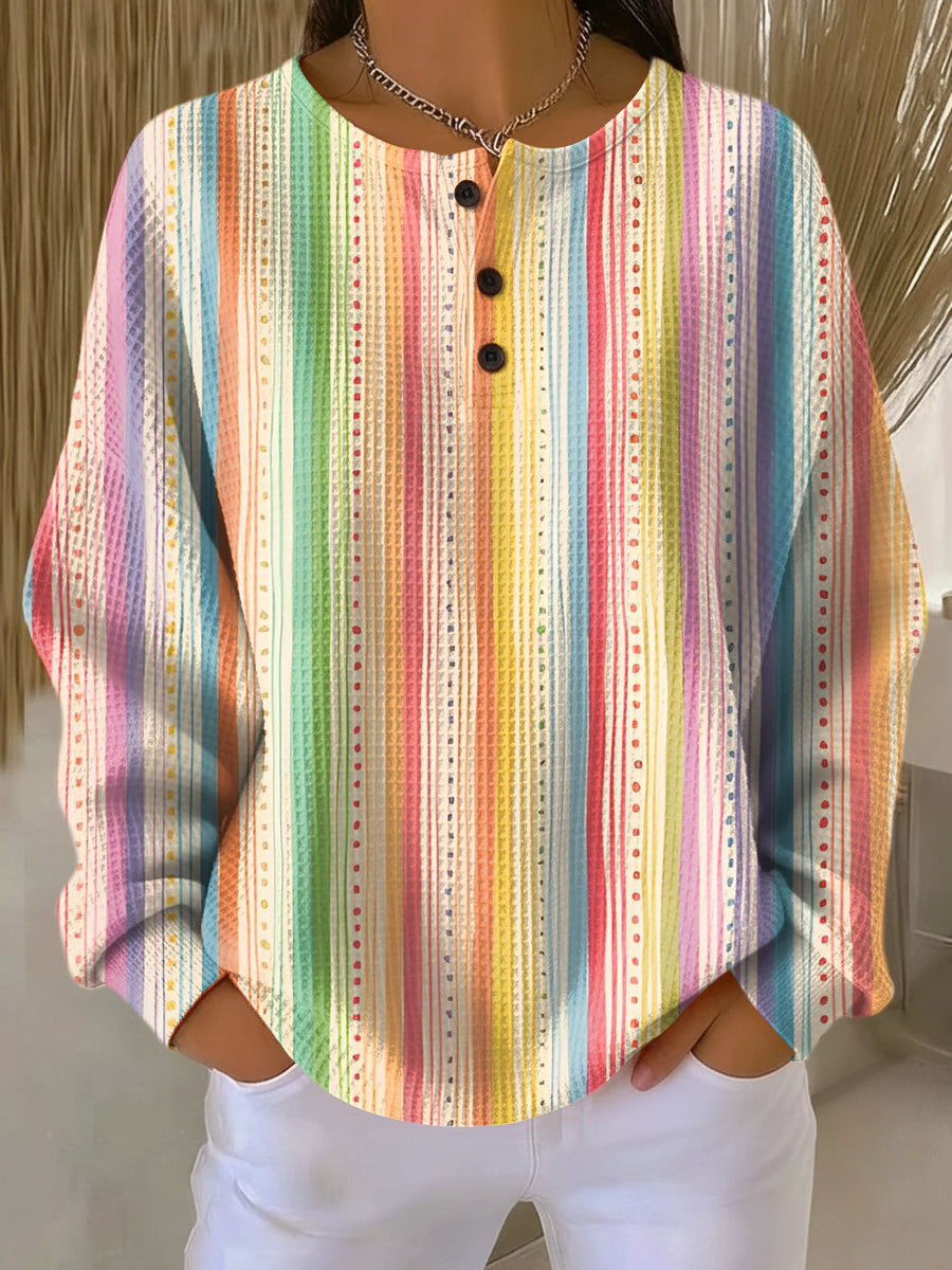 Women's colorful striped waffle knit long sleeve sweater with buttons