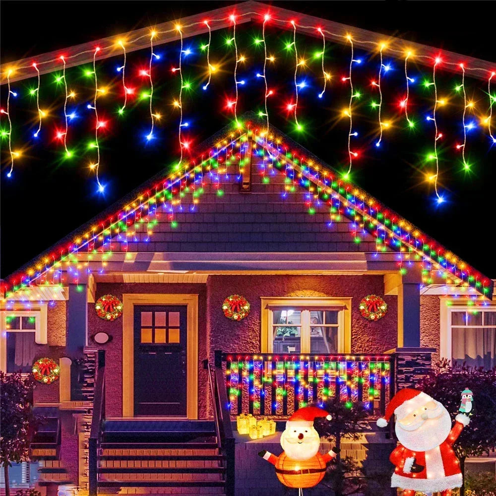 Waterproof solar LED Christmas string lights glowing warmly on an outdoor patio fence.
