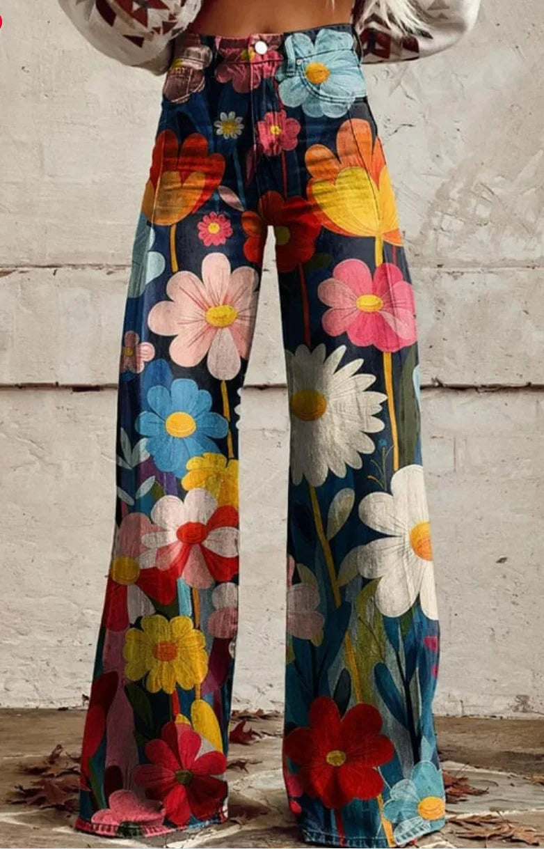Women's wide leg trousers with colorful floral botanical print in style 1