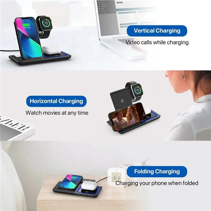 White wireless charger powering smartphone, smartwatch and earbuds simultaneously