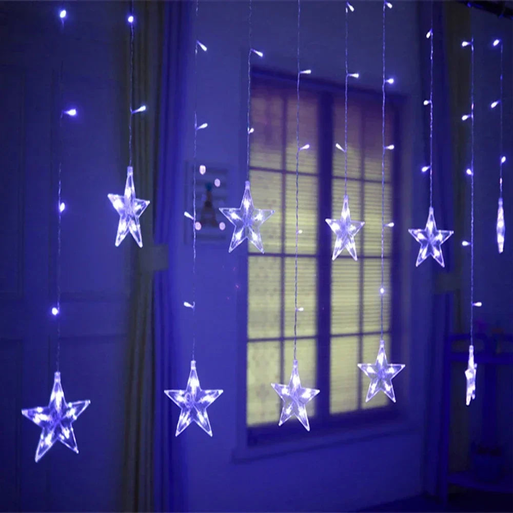 Star shaped LED fairy light garland illuminated for cozy bedroom lighting and home decor