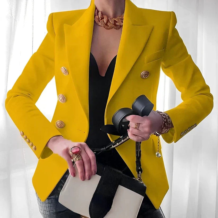 Womens tailored double breasted blazer showing back view and structured fit