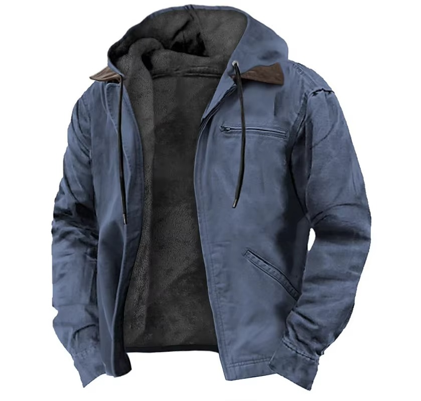 Arthur men's blue fleece lined hooded full zip jacket front view