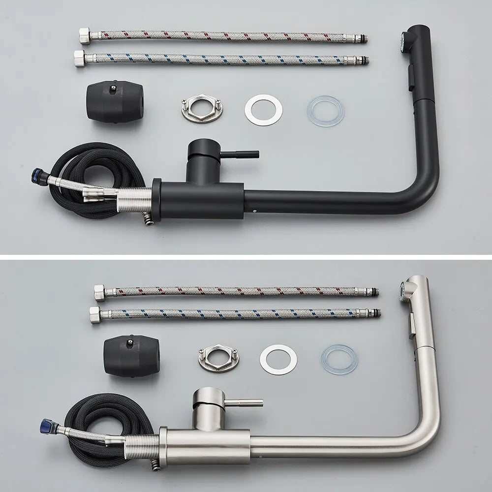 Matte black tap and stainless steel mixer showing the flexible pull-out hose feature