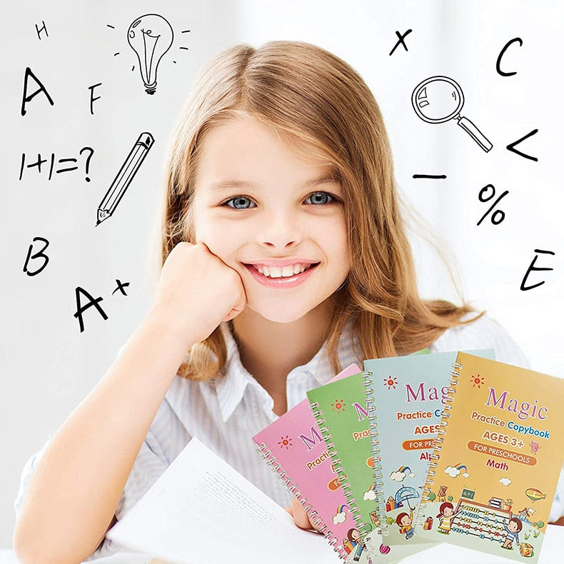 Young girl smiling while holding the magic handwriting practice books