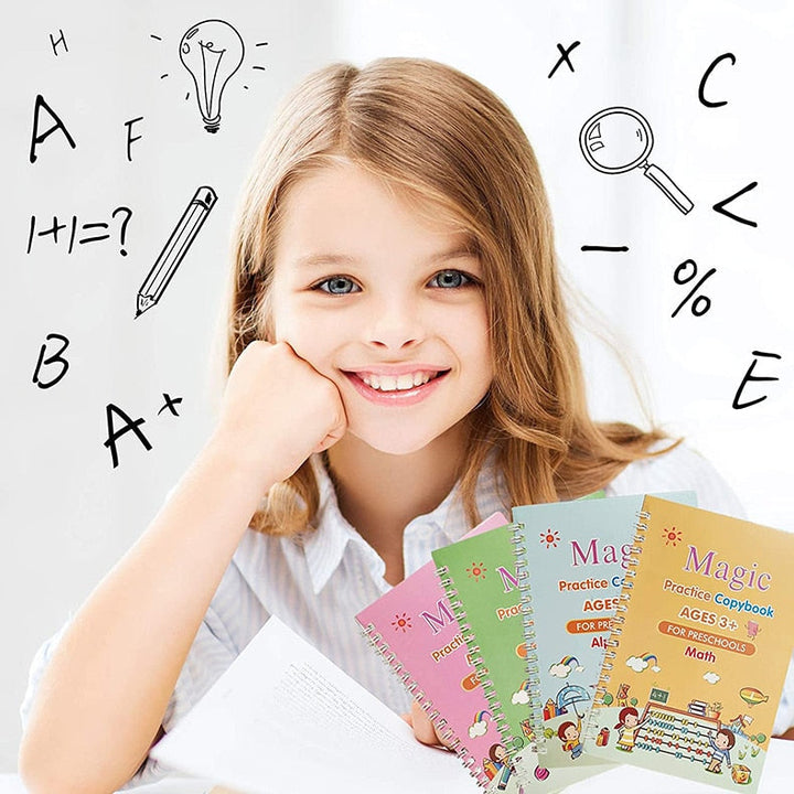 Young girl smiling while holding the magic handwriting practice books