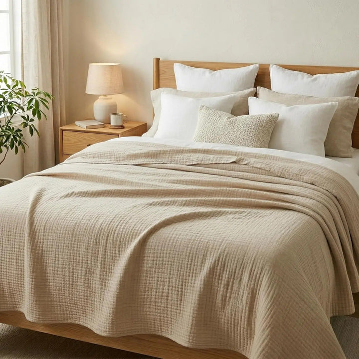 Neutral bed styling featuring a soft muslin blanket and decorative pillows