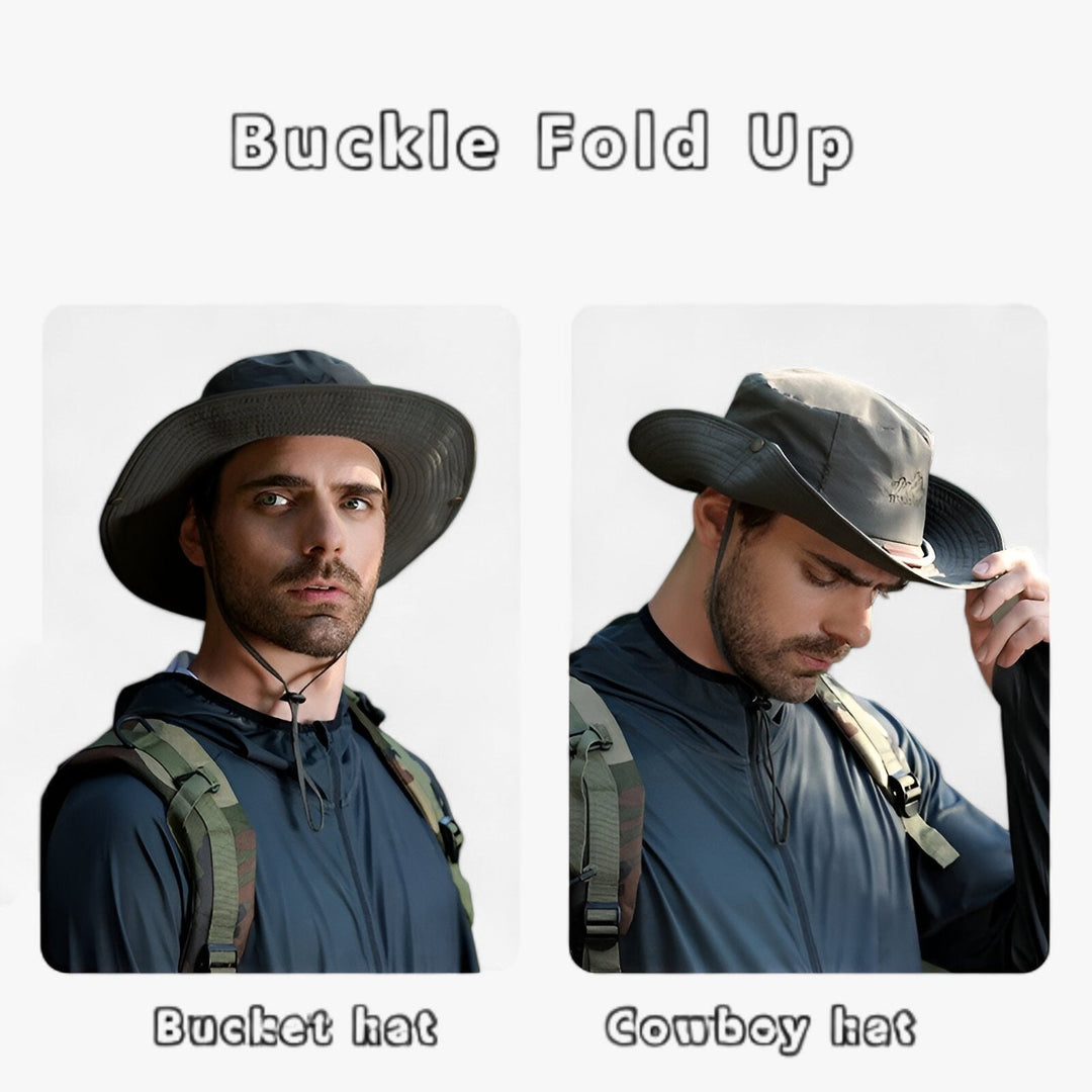 Demonstration showing bucket hat convertible style between flat brim and folded cowboy look