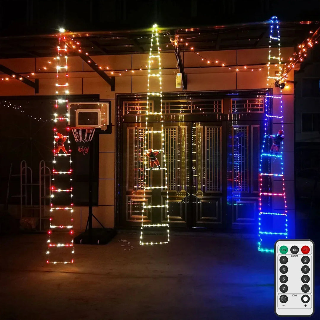 Multiple LED string lights illuminating a house exterior during winter