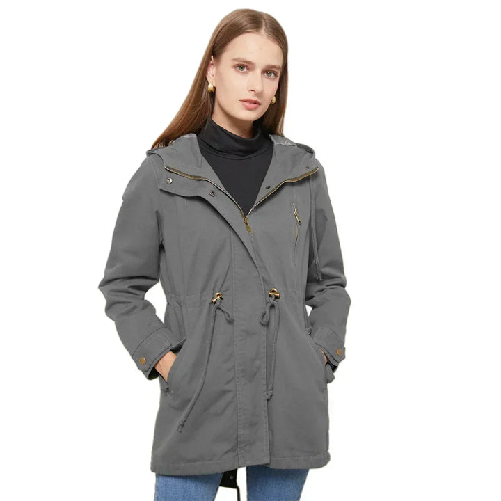 Close-up of drawstring waist detail on women's casual jacket
