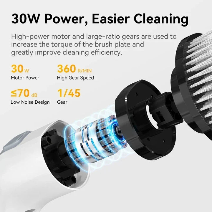 Cordless electric spin scrubber showing interchangeable cleaning heads for bathroom and home cleaning tools