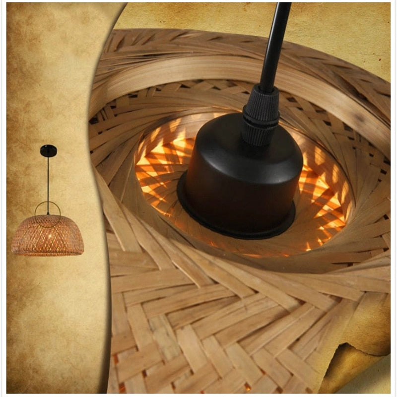 Close-up view of the natural woven bamboo and rattan texture around the ceiling fixture