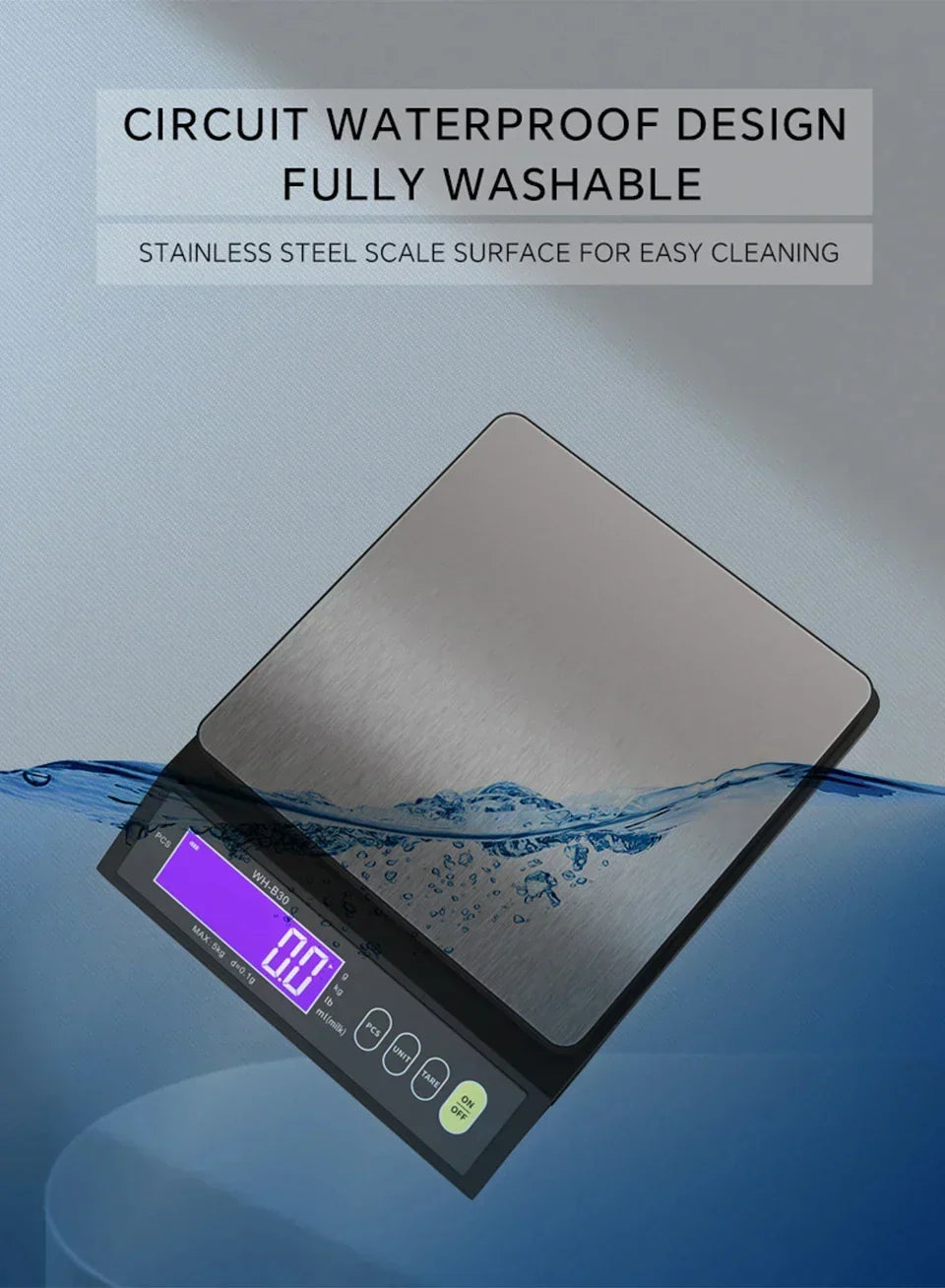 Top view of sleek stainless steel electronic food scale