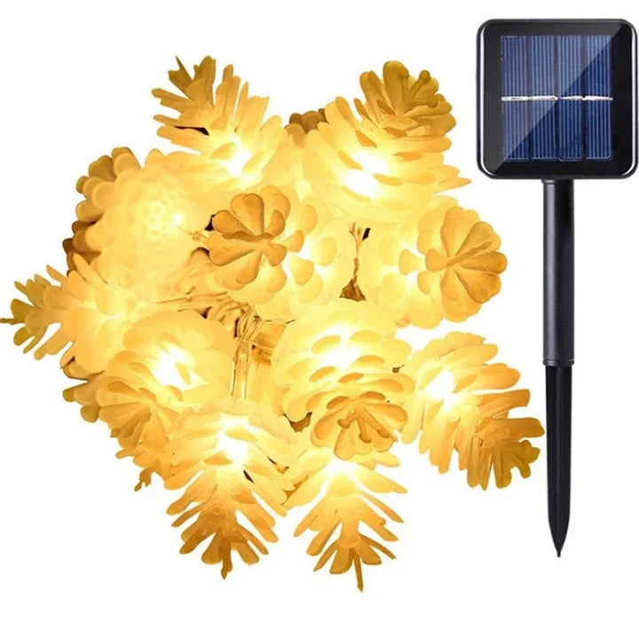 Winter garden decoration glowing with solar led fairy string lights