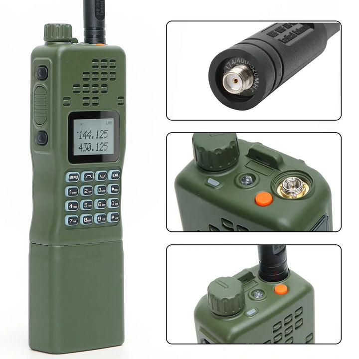 Tactical two-way radio showing LCD display and function buttons