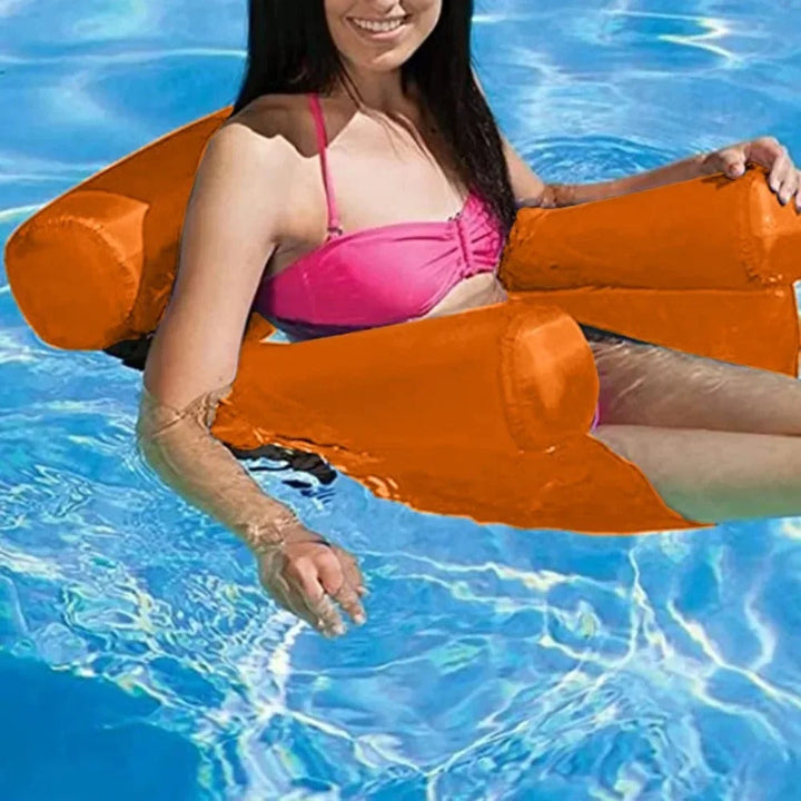 Side view of summer pool float and inflatable lounger for lake use