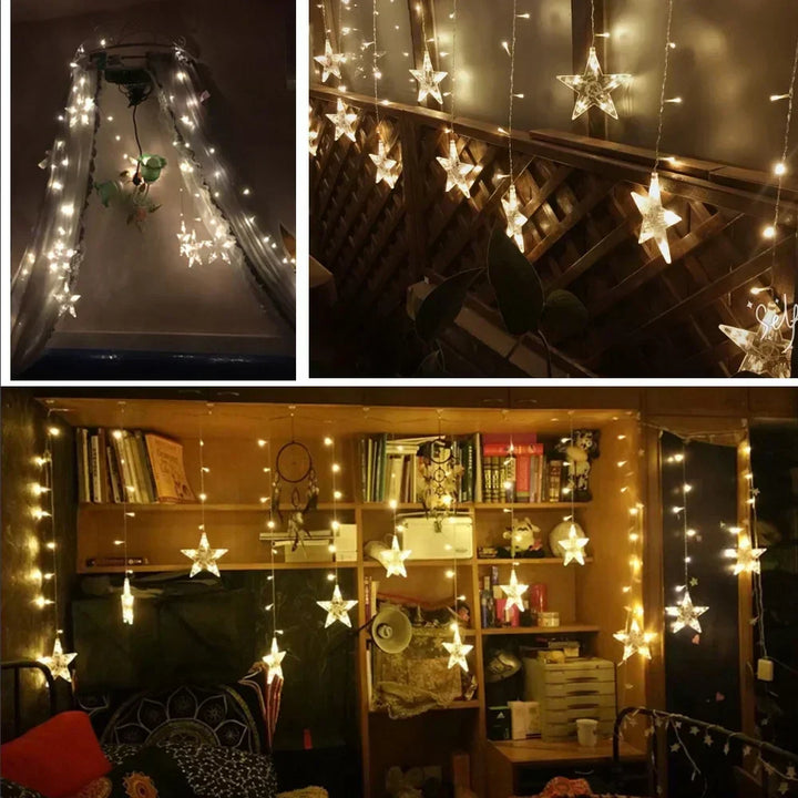 Star shaped LED fairy lights draped over a decorative canopy setup