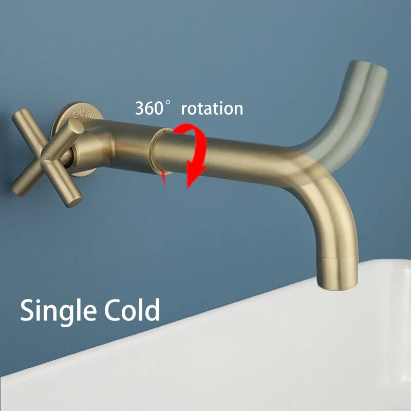 Gold wall faucet demonstrating 360 degree rotation feature