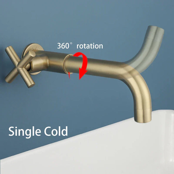Gold wall faucet demonstrating 360 degree rotation feature