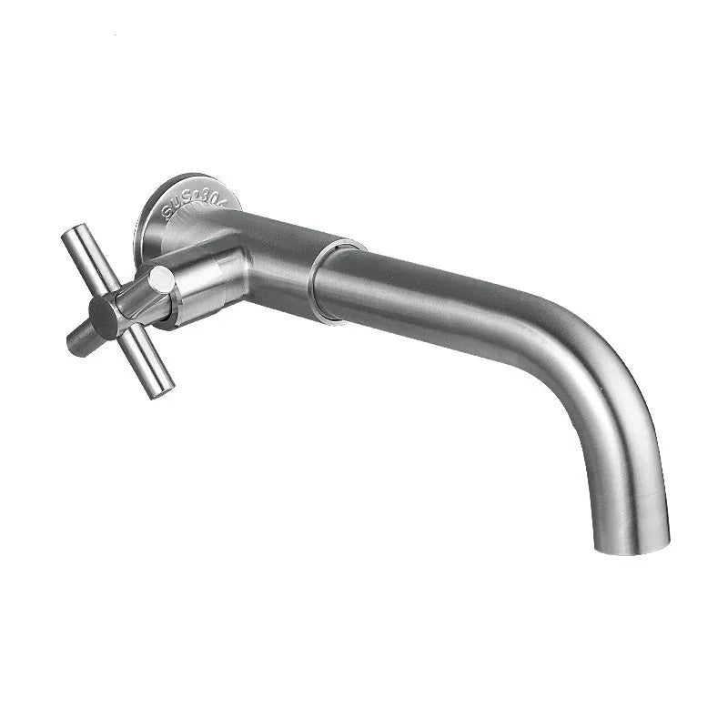 Stainless steel waterfall basin mixer installed on modern bathroom wall