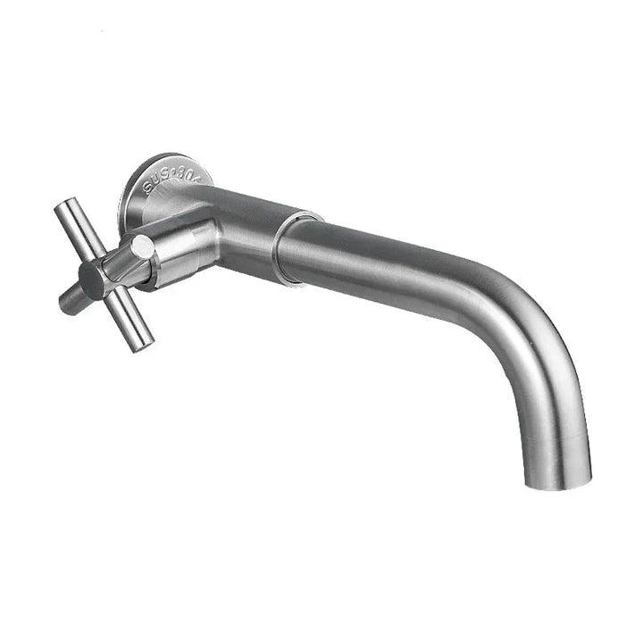 Stainless steel waterfall basin mixer installed on modern bathroom wall