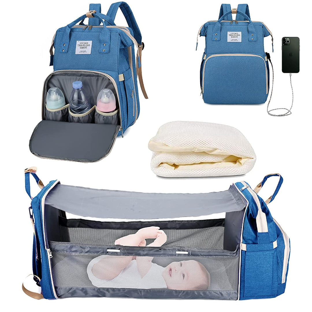 Blue multifunctional baby diaper backpack and portable bassinet setup