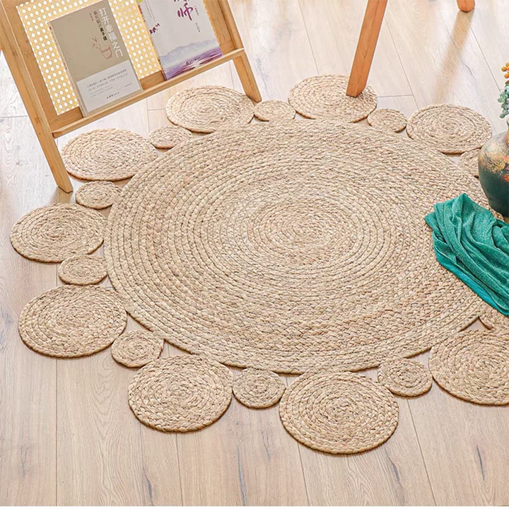 Close-up view of EcoStep round accent rug with natural woven details