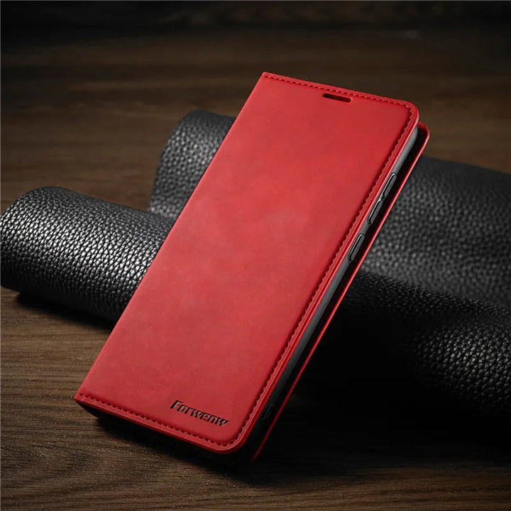 Universal magnetic flip case for iPhone showing card slots and inner wallet design