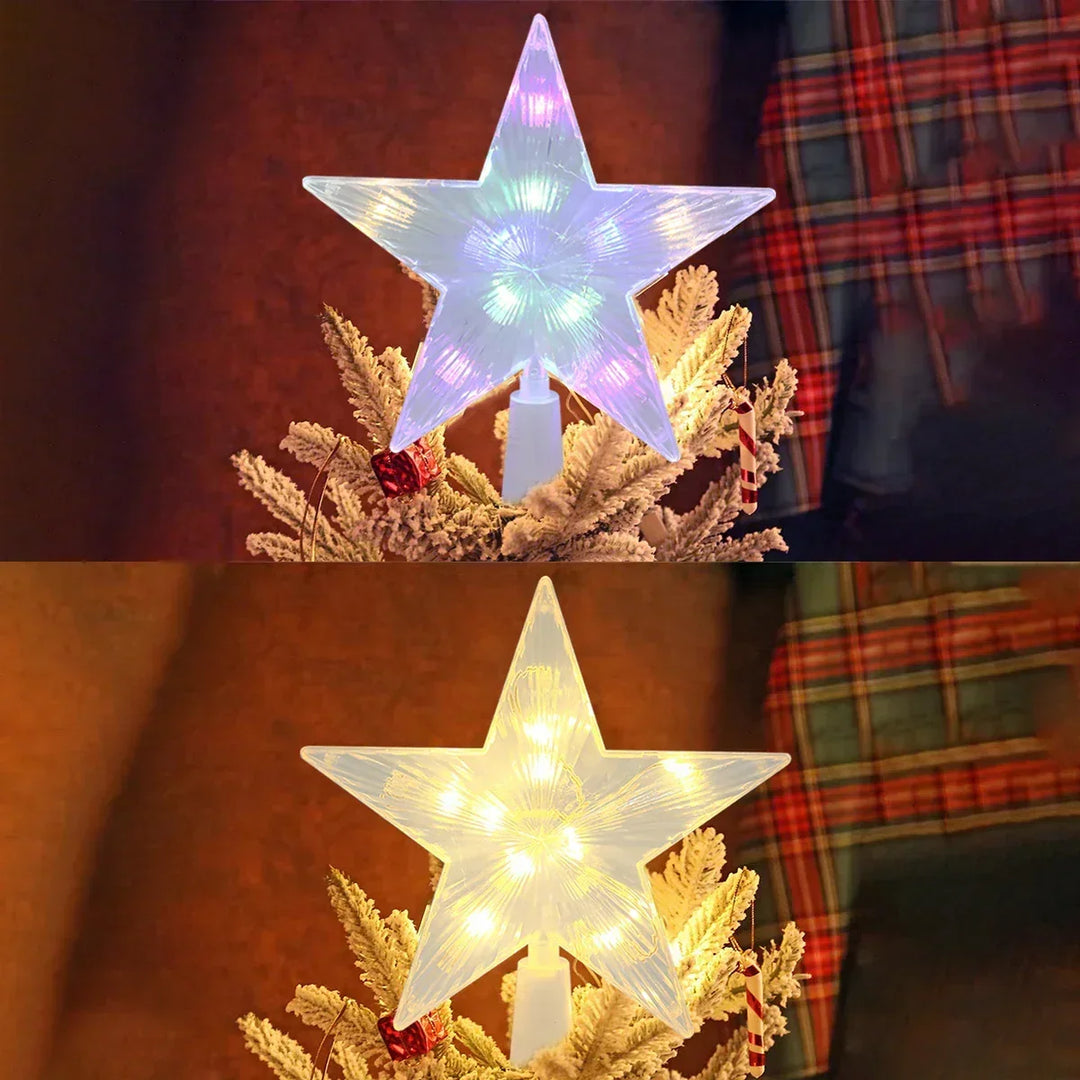 Starlit Christmas tree star topper glowing brightly on a festive pine branch