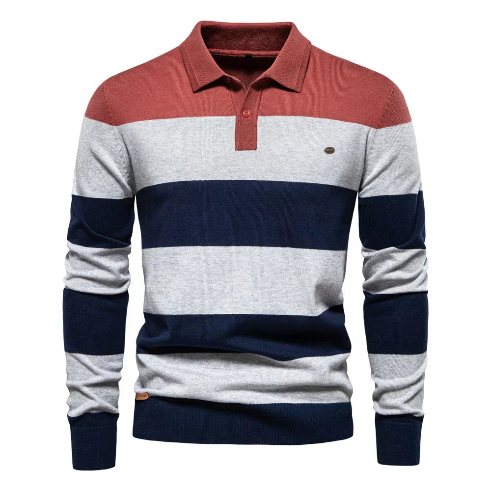 Theo | Men’s Striped Knit Long Sleeve Polo Sweater