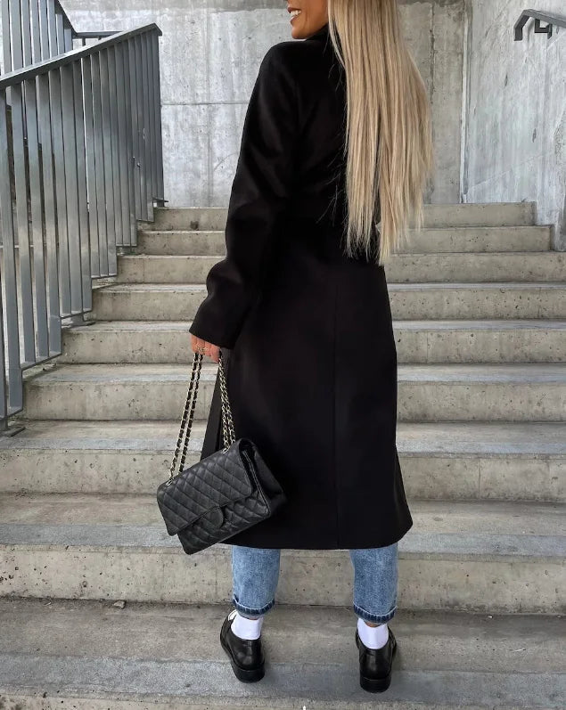 Full view of women's casual winter fashion outerwear and long coat