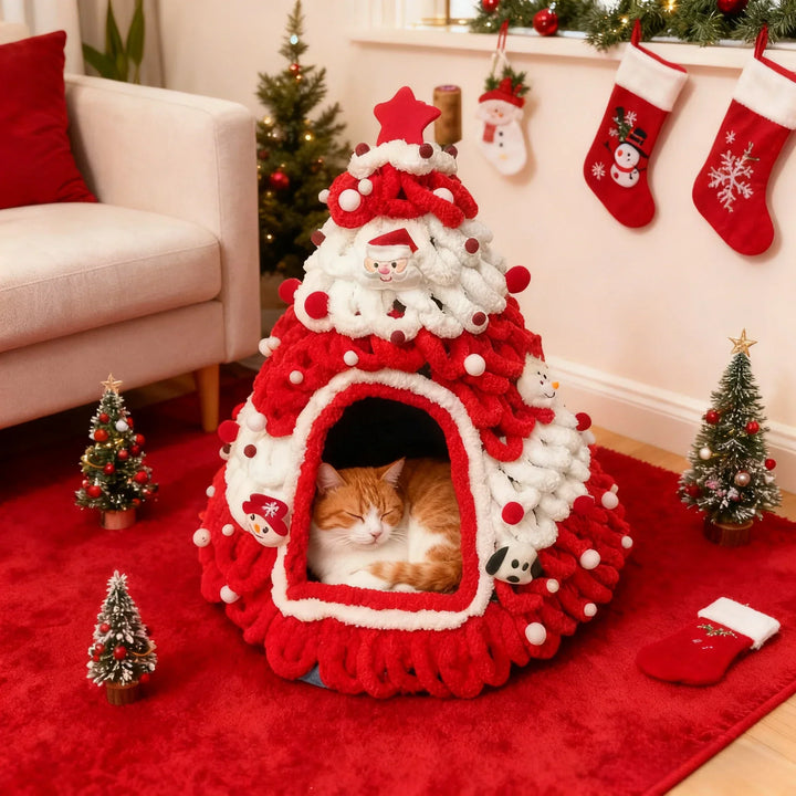 Festive green Christmas tree cat house and cozy bed with red and white decorations