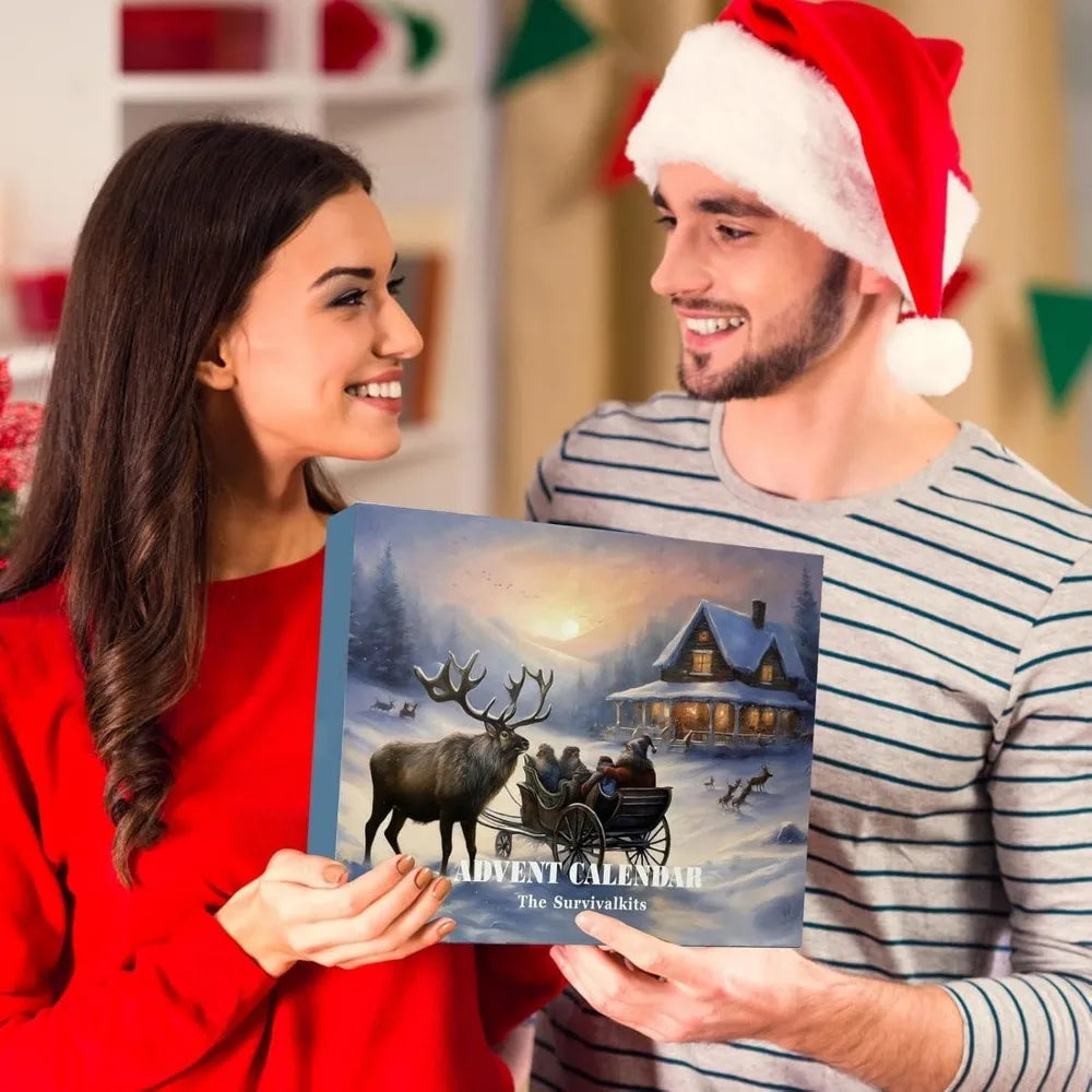 Man and woman holding the SurvivalPro Advent Calendar 2026 box