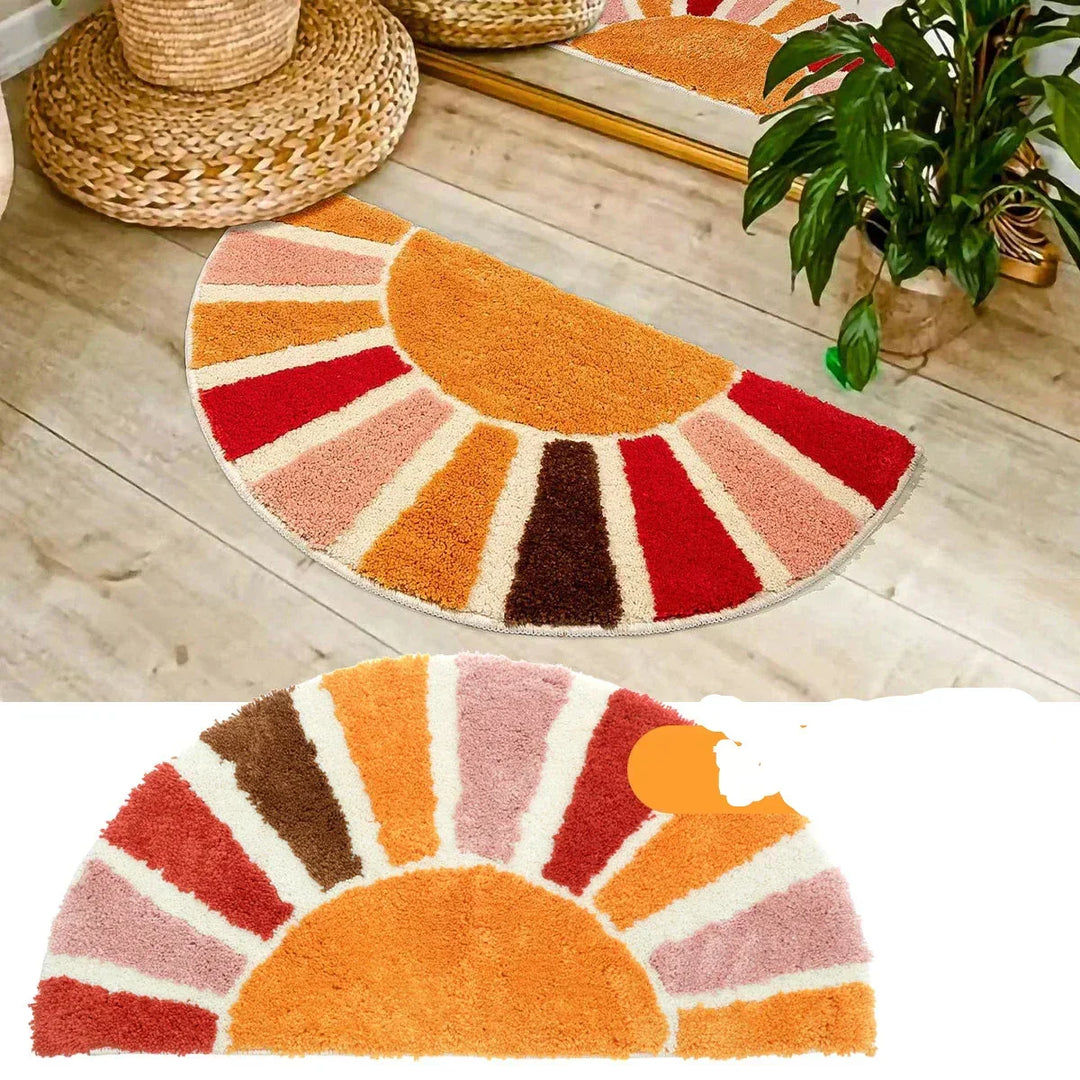 Half-round yellow sunflower doormat placed on wooden flooring in an entryway