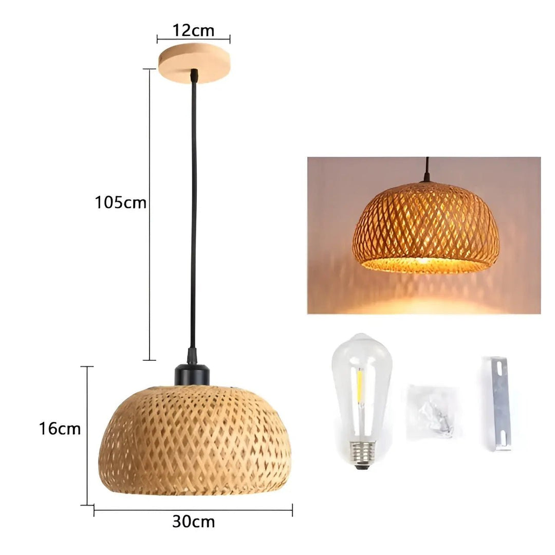 Large rattan pendant lamp dimensions and components diagram showing 16cm height and 30cm width