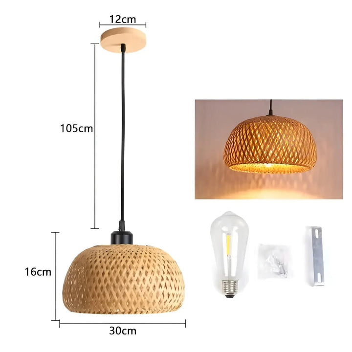 Large rattan pendant lamp dimensions and components diagram showing 16cm height and 30cm width
