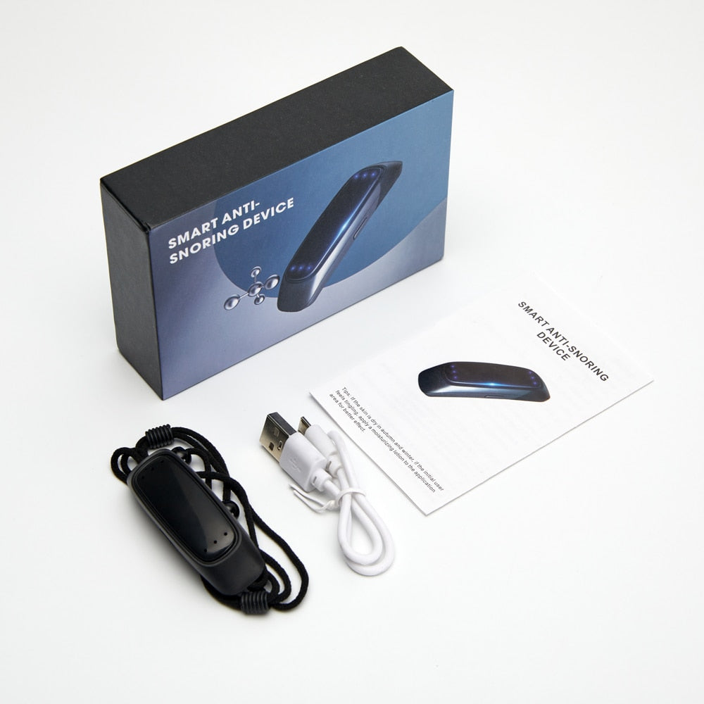 Smart anti-snoring device package with device, charging cable, and manual