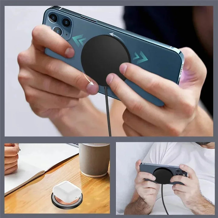 Compact wireless phone charger placed on a minimalist office desk