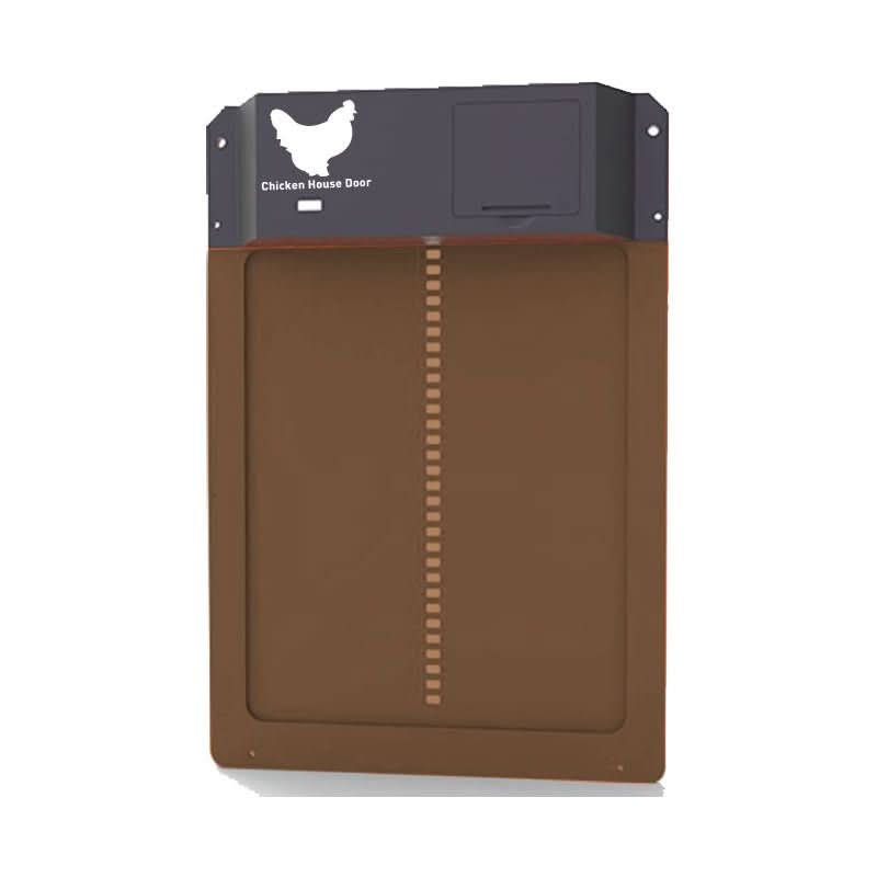 Automatic chicken coop door in brown with light sensor and white chicken logo