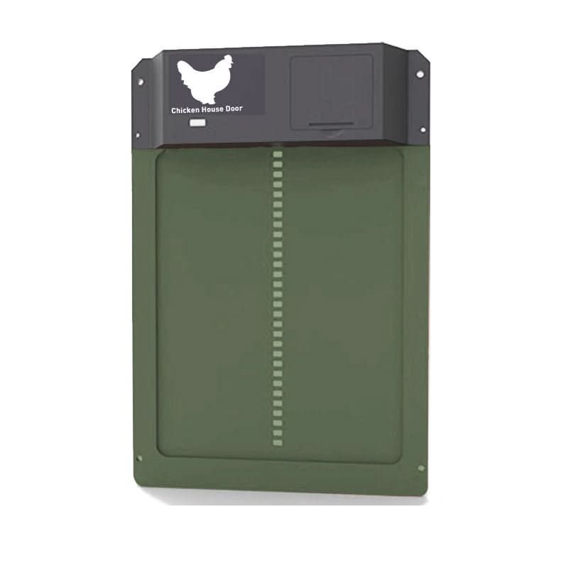 Durable aluminum automatic coop door operating outdoors in winter weather