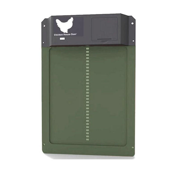 Durable aluminum automatic coop door operating outdoors in winter weather