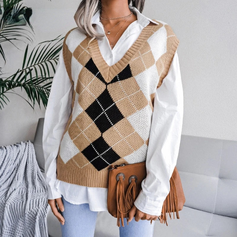 Full view of women's checked knit V-neck waistcoat