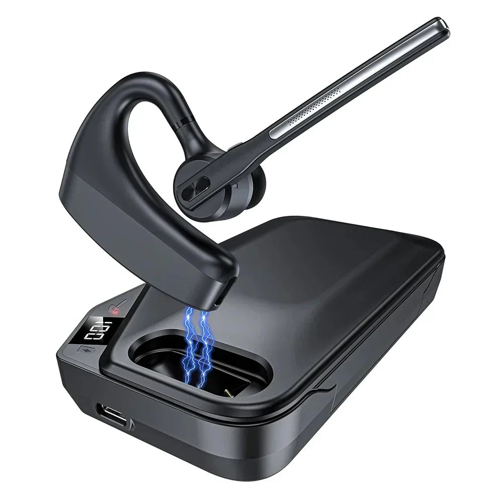 Wireless Bluetooth headset hovering above its charging case with LED display