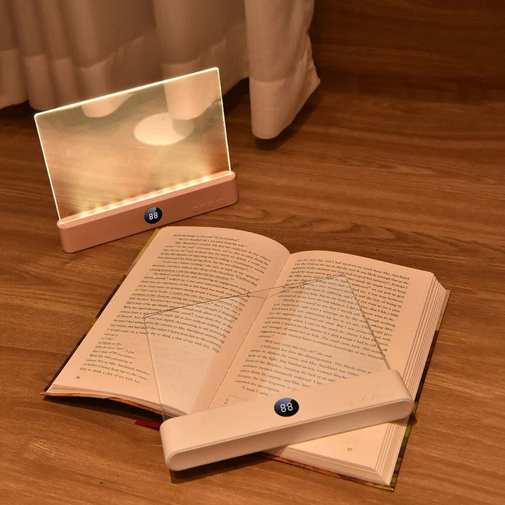 Rechargeable cordless light illuminating a book page in a dimly lit room