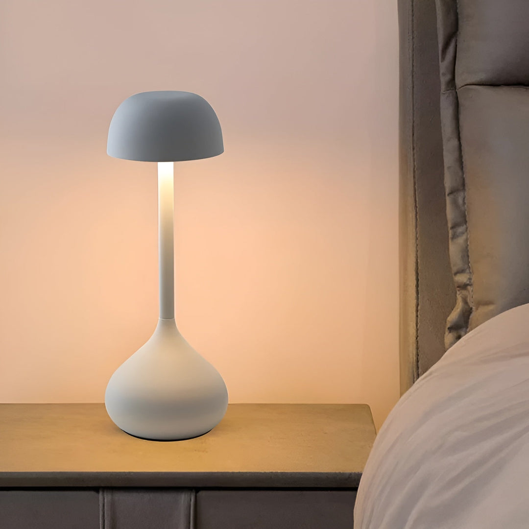 Close-up of dimmable mushroom table lamp shade and energy-efficient LED light